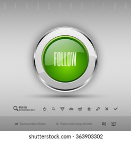 Chrome glossy button with green center. Vector business design elements.