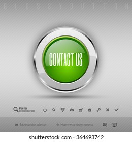 Chrome glossy button with green center. Vector business design elements.