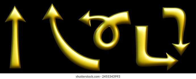 Chrome golden vector arrows Y2k shape set doddle style. Shiny 3d gold icon. 3d glossy vector. Set Inflatable 3D Balloon Inflated shapes, abstract elements. Bubbly, three-dimensional illustration.