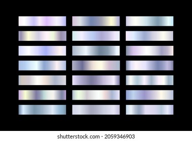 Chrome gradient color set. Metallic holographic, white gold, silver, elegant pearl, iridescent swatches palette. Vector shiny metal background collection for border, frame, label, flyer design.