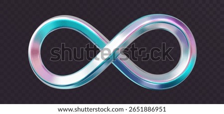 Chrome holographic infinity symbol isolated on white. Shiny metallic endless loop icon. Abstract Mobius strip design. Realistic 3D vector
