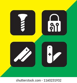 chrome icon. 4 chrome set with screw, lock, knives and knife vector icons for web and mobile app
