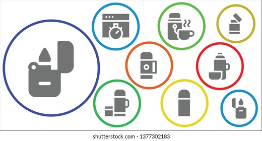 chrome icon set. 9 filled chrome icons.  Simple modern icons about  - Lighter, Chronometer, Thermo
