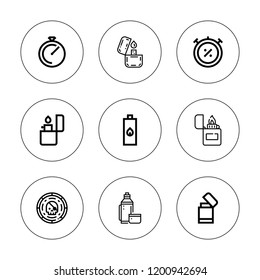 Chrome icon set. collection of 9 outline chrome icons with chronometer, lighter, thermo icons. editable icons.