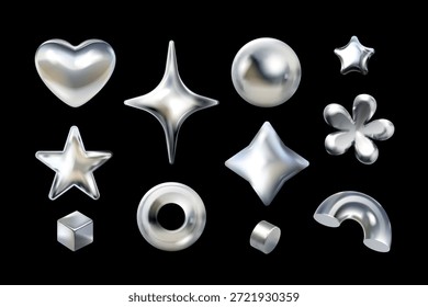 Cifras infladas de cromo. Formas de burbujas plateadas 3D Diseño Y2K Metal de platino Efecto de brillo líquido Esfera brillante Estrella Corazón Flecha Elemento abstracto Realista Ilustración vectorial exacta