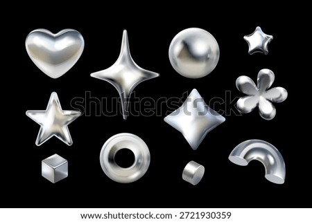 Chrome inflated figures. 3d silver bubble shapes y2k design platinum metal liquid glitter effect glossy sphere star heart arrow abstract element realistic exact vector illustration