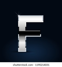 Chrome letter F uppercase. Vector font isolated on black background