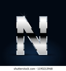 Chrome letter N uppercase. Vector font isolated on black background