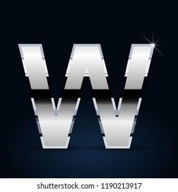 Chrome letter W uppercase. Vector font isolated on black background