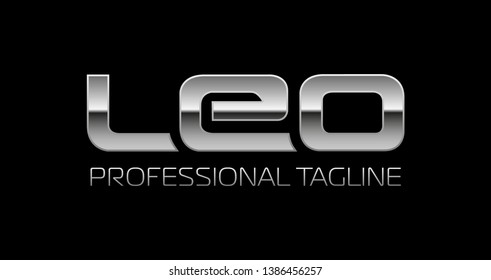 Chrome letters of LEO's name and the inscription Professional Tagline on a black background. Logo template for company with LEO name.