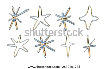 Chrome Line Art Spark and Star Symbol. A dreamy collection of 8 abstract spark and star icons in smooth chrome line art with elegant gold and silver tones and more. Perfect for celestial design accent