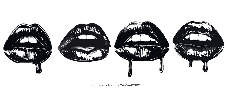 Chrome lip set, modern y2k melt drip, retro bitmap collage printed collection.  Futuristic grain dot photocopy effect, glossy metal object, contemporary pop art. Halftone lips 