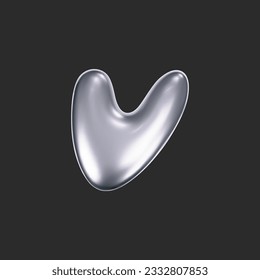 Chrome liquid 3d heart shape in y2k style isolated on a dark background. Render of 3d metal silver heart with melting fluid form in aesthetic futuristic style. 3d vector y2k illustration