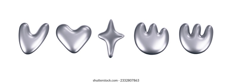 Chrome liquid 3d shapes in y2k style isolated on a white background. Render of 3d metal silver star, flower, heart and melt fluid form in aesthetic futuristic style. 3d vector y2k illustration