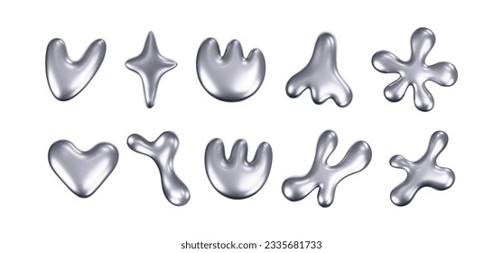 Chrome liquid 3d shapes in y2k style isolated on a white background. Render of 3d metal silver star, flower, heart and melt fluid form in aesthetic futuristic style. 3d vector y2k illustration