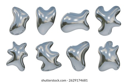 Forma De Bolha Abstrata De Líquido Cromado. Uma coleção completa de 8 bolhas abstratas de líquido cromado com superfícies de alto brilho. Perfeito para recursos visuais futuristas digitais e composições de design 3D