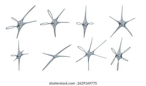 Chrome Liquid Abstract Star Loop Shape. A complete collection of 8 chrome liquid abstract shapes featuring star forms glossy metallic. Perfect for sci fi layouts 3d icons and futuristic design assets