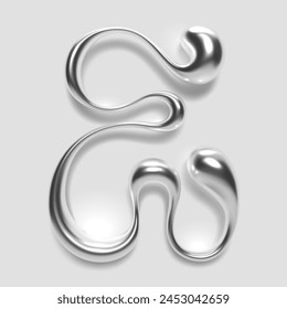 Chrome liquid metal letter E in 3D with glossy reflective finish, abstract blob shape for modern Y2K design, silver typography font alphabet