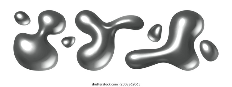 Chrome liquid metal realistic, silver spots isolated on white. Vector abstract metallic liquid shapes, modern glossy aluminium reflective steel figures. Glossy steel alloy droplets blobs