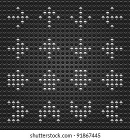Chrome metal arrow button on dotted perforated texture dark gray background. This vector illustration file saved in format 10 eps