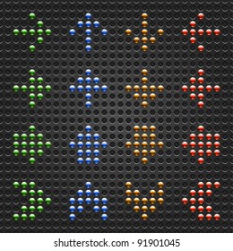 Chrome metal arrow symbol on black dotted perforated texture background. Green, blue, orange and red colors. This file saved in a format 10 eps