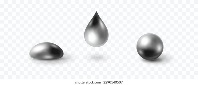 Chrome metal ball and droplet isolated on transparent background. Vector 3D mercury, liquid silver blob, steel sphere, metallic paint drop or glossy grey bubble with shadow
