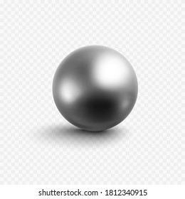 Chrome metal ball isolated on transparent background. Vector 3d silver bead, steel sphere, metallic bearing or glossy grey bubble with shadow