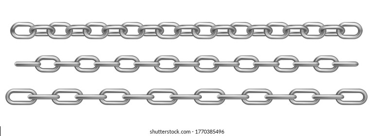 Chrome metal chains isolated on white background. Vector realistic set of straight heavy steel chains with different size links. Frame or border pattern with connected stainless rings