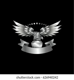 Chrome metal Eagle emblem with ribbon. Heraldic eagle with spread wings template and the jewel in its claws.