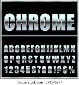 Chrome metal font and symbols typeface for design. Vector eps10.