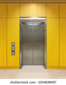 Chrome metal office building elevator doors. Open and closed variant. Realistic vector illustration yellow wall panels office building elevator.