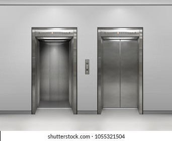 Chrome metal office building elevator doors. Open and closed variant. Realistic vector illustration gray wall panels office building elevator.