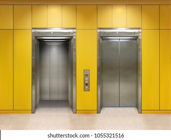 Chrome metal office building elevator doors. Open and closed variant. Realistic vector illustration yellow wall panels office building elevator.