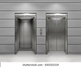 Chrome metal office building elevator doors. Open and closed variant. Realistic vector illustration gray wall panels office building elevator.