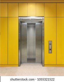 Chrome metal office building elevator doors. Open and closed variant. Realistic vector illustration yellow wall panels office building elevator.