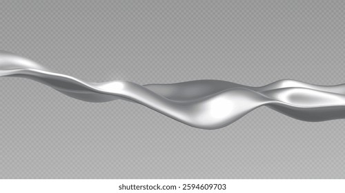 Chrome metal wave with smooth flowing curves on transparent background. Shiny silver surface with light reflections. Elegant metallic ribbon shape for luxury product design or tech interface elements.