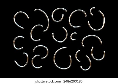 Chrome metal y2k abstract shape. Silver 3d line curve element on black background. Futuristic pattern. Graphic fluid chrome element for trendy cyberpunk design. Vector illustration