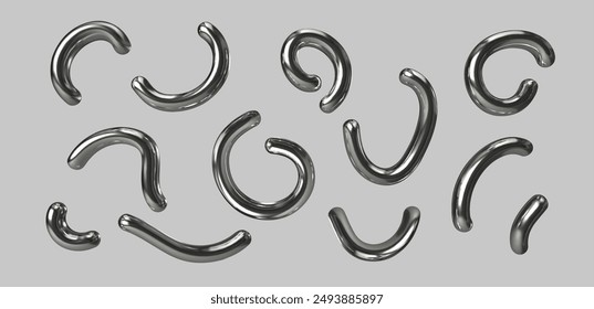 Chrome metal y2k abstract shape. Silver 3d line curve element on black background. Futuristic pattern. Graphic fluid chrome element for trendy cyberpunk design. Vector illustration