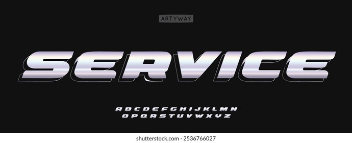 Chrome metallic alphabet, wide italic letters, bold automotive font for powerful impuct title, race speed headline, dynamic tech logo, strength industrial machinery typography, Vector typeset.