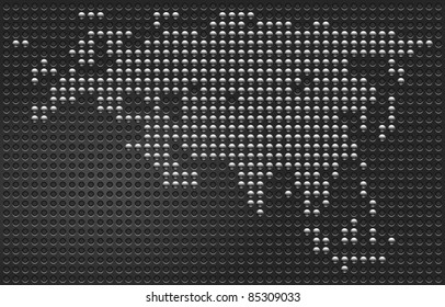 Chrome metallic buttons Map of Eurasia continent on perforated metal texture black background. This is a fragment my vector world map — image ID: 84818386