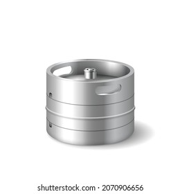 Chrome metallic cider keg barrel. Template small aluminum keg for delivery to pub and buffer storage on warehouse alcoholic drink. Container realistic. Vector 3d illustration