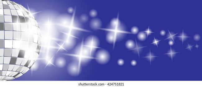 Chrome or metallic disco ball with sparkles on blue background illustration