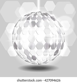 Chrome or metallic disco ball with sparkles on gray background illustration