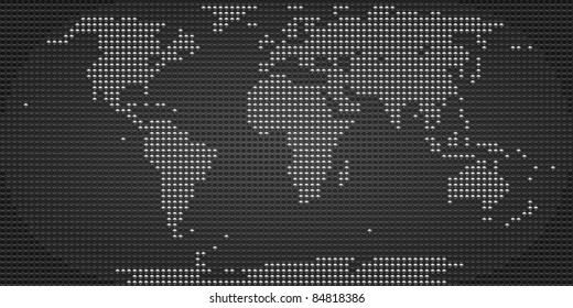 Chrome metallic dotted world map on perforated metal dark gray texture surface