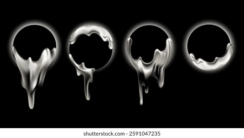 Chrome metallic liquid drips forming circular frames set with a glossy effect. Liquid metallic drips frames futuristic designs, frame, emblem, web, digital, creative backgrounds.Vector illustration