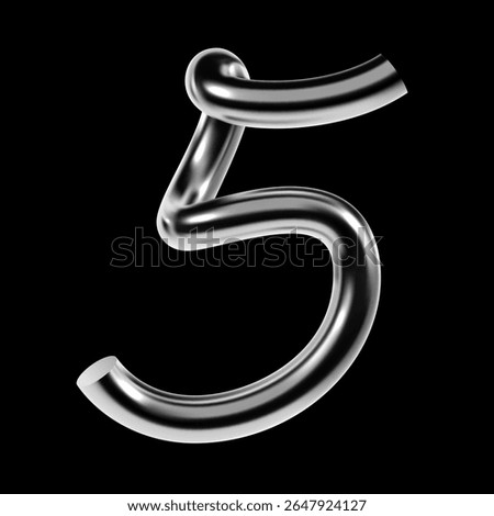 Chrome number 5 rendered in glossy 3D style with metallic tube texture and reflective surface. Futuristic Y2K numeral five isolated