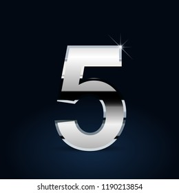 Chrome number 5. Vector font isolated on black background