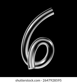 Chrome number 6 rendered in glossy 3D style with metallic tube texture and reflective surface. Futuristic Y2K numeral six