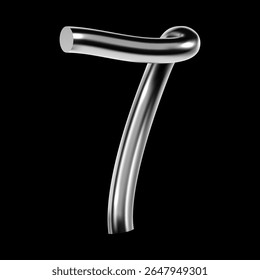 Chrome number 7 designed in glossy 3D style with metallic tube texture and futuristic look. Isolated silver numeral seven inspired by Y2K typography