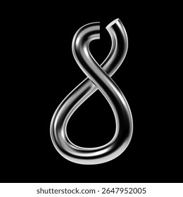 Chrome number 8 shaped from a single curved tube, futuristic 3D symbol in metallic Y2K style. Isolated eight with smooth reflective surface
